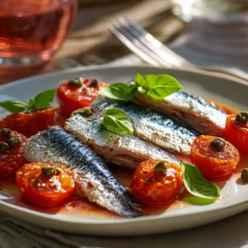 Assiette blanche avec filets de sardines marinées et tomates confites, garnie de basilic frais et de câpres, sur une table