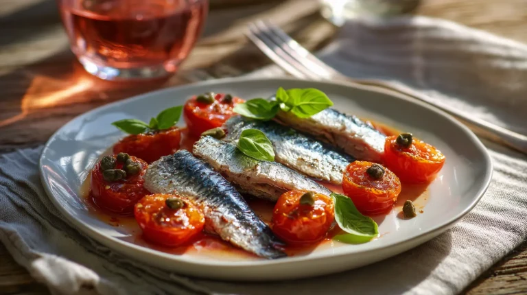 Assiette blanche avec filets de sardines marinées et tomates confites, garnie de basilic frais et de câpres, sur une table