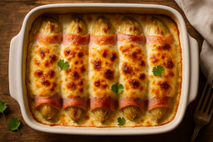 Plat d'endives au jambon gratinées avec béchamel et fromage doré, sur une table en bois