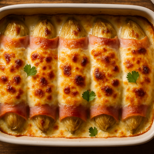 Plat d'endives au jambon gratinées avec béchamel et fromage doré, sur une table en bois