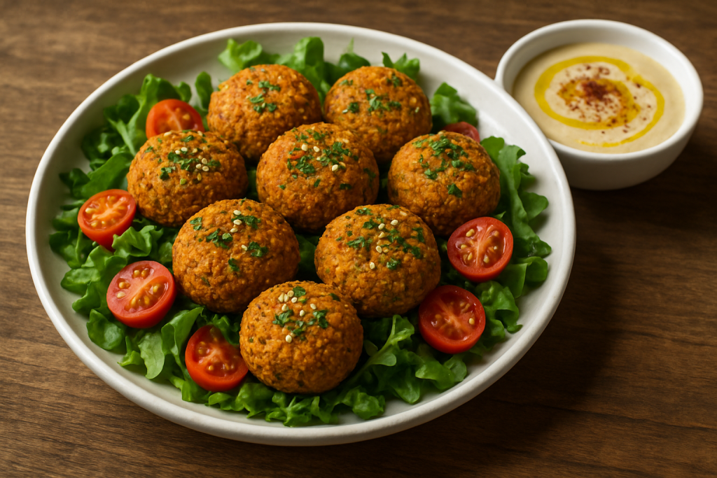 Assiette de falafels dorés et croustillants avec salade verte, tomates et sauce au tahini