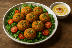 Assiette de falafels dorés et croustillants avec salade verte, tomates et sauce au tahini