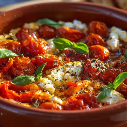 feta chaude aux poivrons servie dans un plat avec du basilic frais