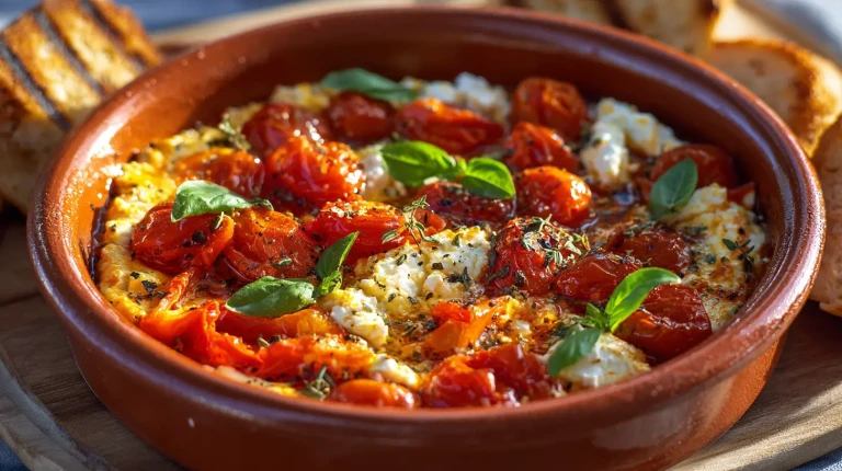feta chaude aux poivrons servie dans un plat avec du basilic frais