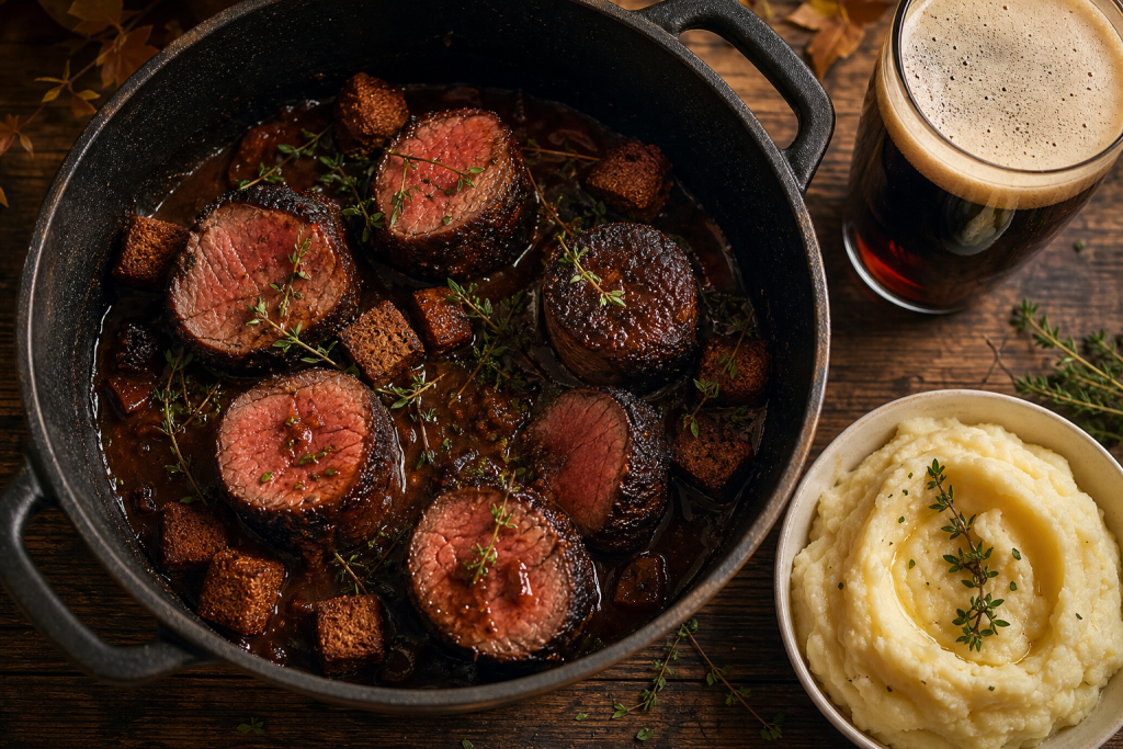 Médaillons de filet mignon confit dans une sauce brune au pain d'épices, servis en cocotte en fonte sur une table en bois.