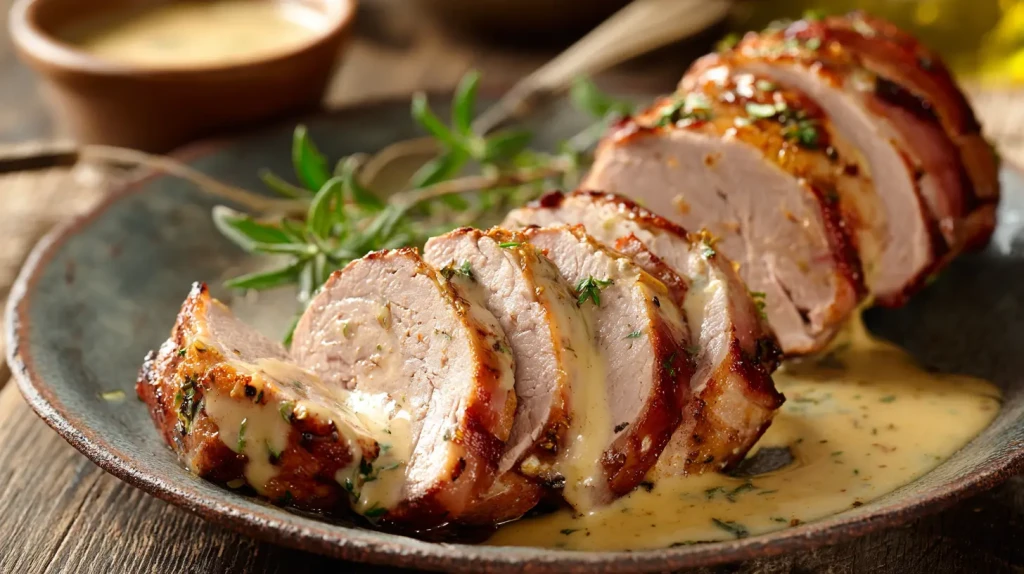 Filet mignon à la moutarde et au jambon, servi en tranche avec une sauce onctueuse à la crème et à la moutarde