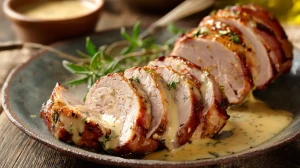 Filet mignon à la moutarde et au jambon, servi en tranche avec une sauce onctueuse à la crème et à la moutarde