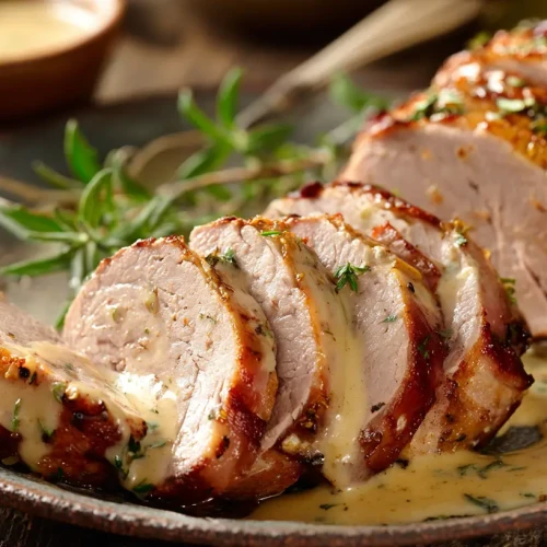 Filet mignon à la moutarde et au jambon, servi en tranche avec une sauce onctueuse à la crème et à la moutarde