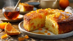 Gâteau de semoule doré avec des dés d'orange confite, présenté sur une assiette blanche, ambiance chaleureuse.