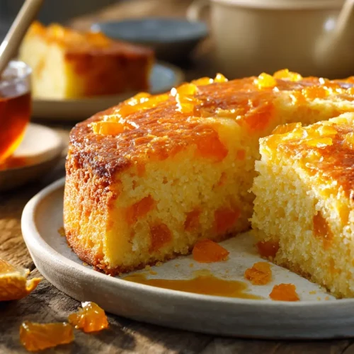 Gâteau de semoule doré avec des dés d'orange confite, présenté sur une assiette blanche, ambiance chaleureuse.