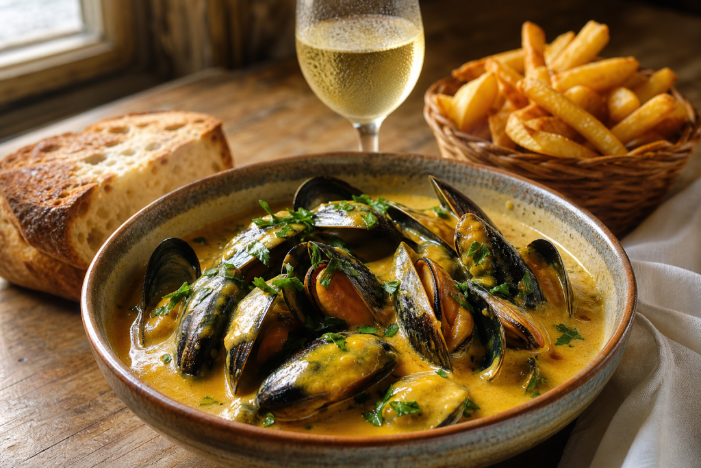 Bol de mouclade fourasine avec sauce au curry dorée, persil frais, frites et pain à côté, sur table en bois.