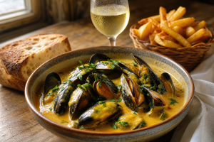 Bol de mouclade fourasine avec sauce au curry dorée, persil frais, frites et pain à côté, sur table en bois.