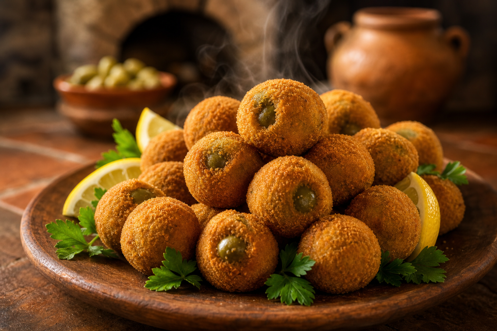 Olives farcies all'ascolana dorées et croustillantes sur une planche en bois avec persil et citron