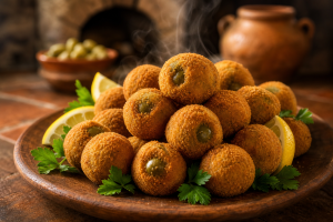 Olives farcies all'ascolana dorées et croustillantes sur une planche en bois avec persil et citron