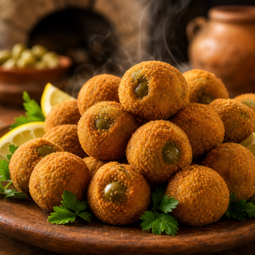 Olives farcies all'ascolana dorées et croustillantes sur une planche en bois avec persil et citron