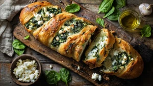 pain épinard féta sur une planche en bois