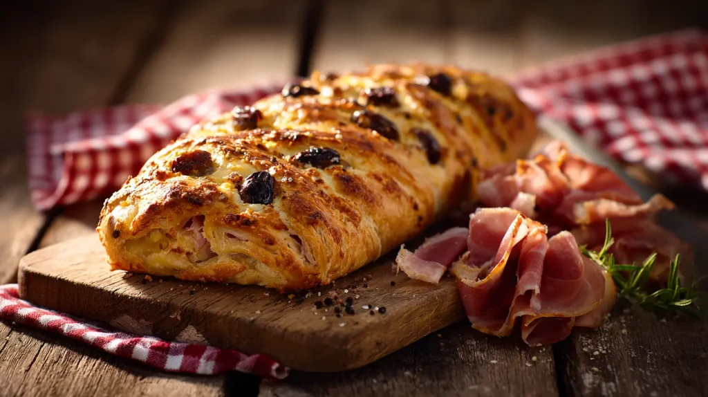 Pain au jambon et aux olives doré sur une planche en bois, avec des tranches montrant la mie et la garniture.