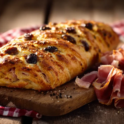 Pain au jambon et aux olives doré sur une planche en bois, avec des tranches montrant la mie et la garniture.