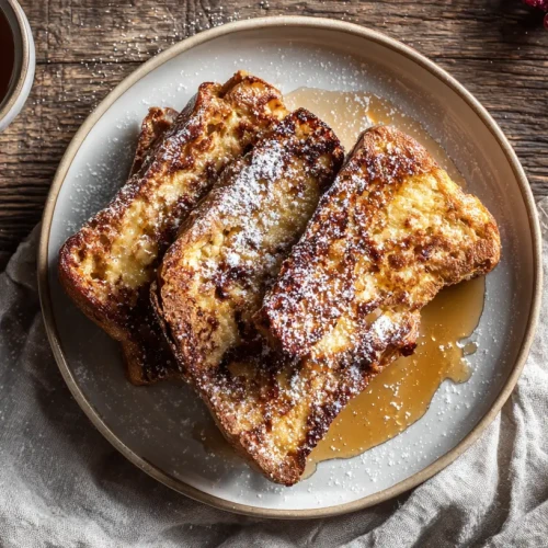 Trois tranches de pain perdu doré et moelleux dans une assiette blanche, avec du sirop d'érable et des mûres