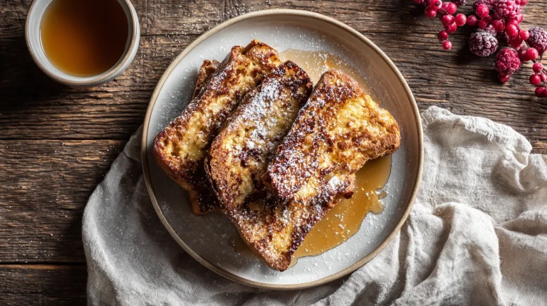 Trois tranches de pain perdu doré et moelleux dans une assiette blanche, avec du sirop d'érable et des mûres