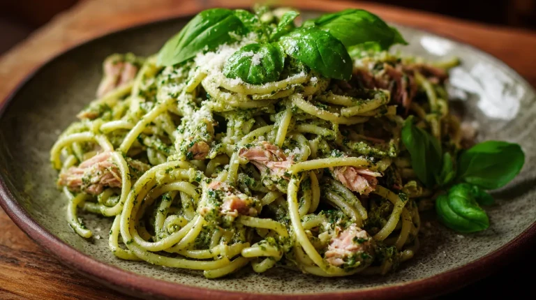 Pâtes au thon et pesto, spaghetti dans une assiette, avec un pesto onctueux et des morceaux de thon, et quelques feuilles de basilic frais, le tout saupoudré de parmesan italien
