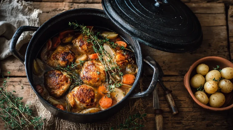 Cocotte en fonte contenant des paupiettes de veau avec une sauce aux carottes et oignons, servies avec des pommes de terre