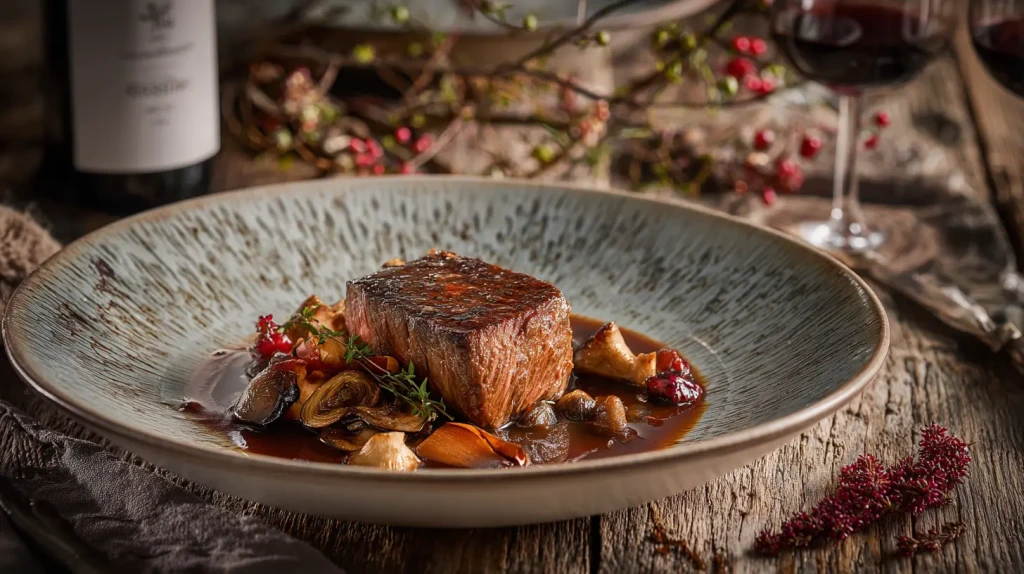 Pavés de biche tranchés, nappés de sauce au Porto, servis avec des champignons sautés dans une assiette blanche