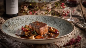 Pavés de biche tranchés, nappés de sauce au Porto, servis avec des champignons sautés dans une assiette blanche