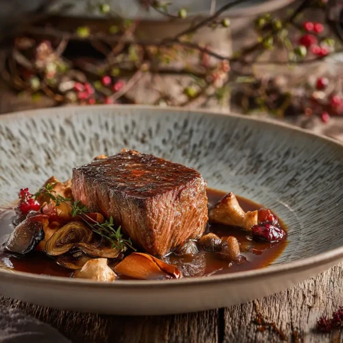 Pavés de biche tranchés, nappés de sauce au Porto, servis avec des champignons sautés dans une assiette blanche