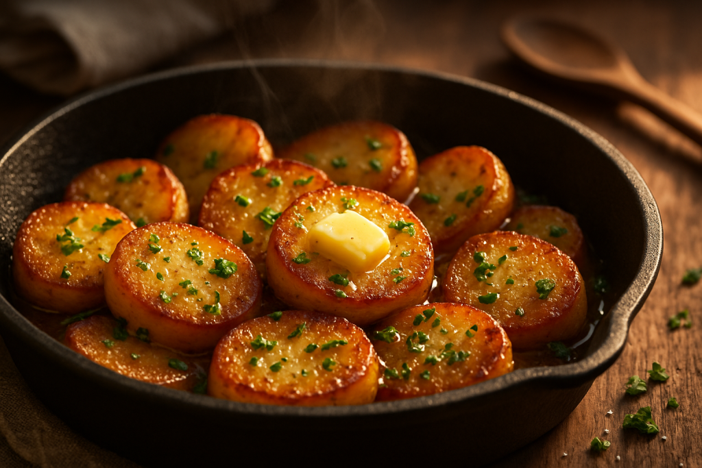 Pommes de terre sautées au beurre dans une poêle en fonte, dorées, croustillantes, parsemées de persil frais, lumière chaude