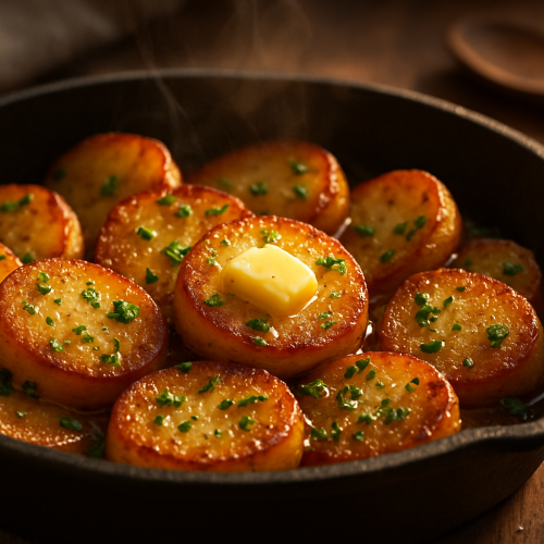 Pommes de terre sautées au beurre dans une poêle en fonte, dorées, croustillantes, parsemées de persil frais, lumière chaude