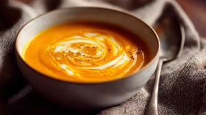 Potage aux carottes servi dans un bol avec une touche de crème fraîche