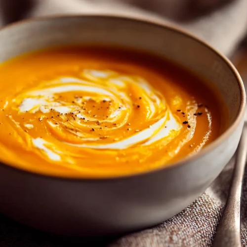 Potage aux carottes servi dans un bol avec une touche de crème fraîche