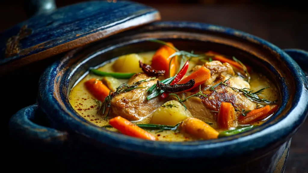 Poule au pot exotique avec des carottes et des pommes de terre, et une sauce épicée