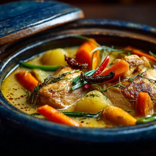 Poule au pot exotique avec des carottes et des pommes de terre, et une sauce épicée