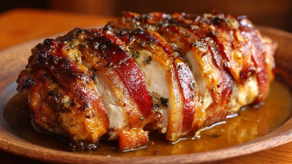 Poulet confit au bacon, un filet de poulet bien moelleux cuit doucement dans sa robe de bacon grillé.