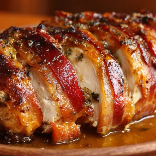 Poulet confit au bacon, un filet de poulet bien moelleux cuit doucement dans sa robe de bacon grillé.