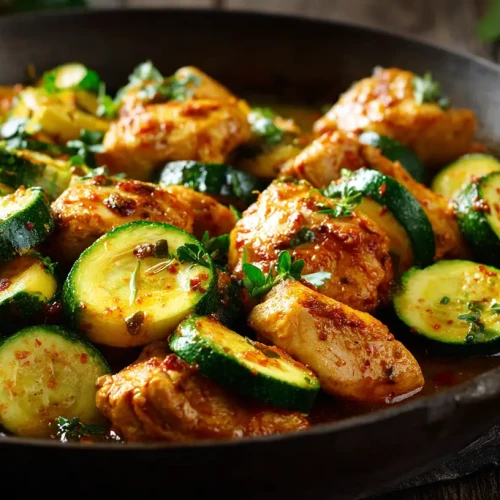 Poulet épicé aux courgettes servi dans une poele avec des herbes fraîches