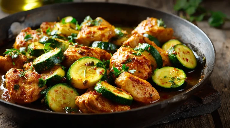 Poulet épicé aux courgettes servi dans une poele avec des herbes fraîches
