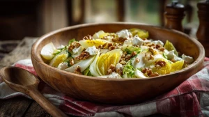 Salade d'endives au chèvre, pomme et noix dans un saladier en bois avec vinaigrette, lumière naturelle