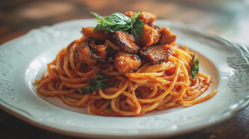Spaghetti aux aubergines frites, servies dans une assiette avec du basilic frais