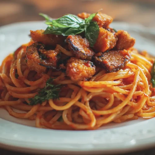 Spaghetti aux aubergines frites, servies dans une assiette avec du basilic frais