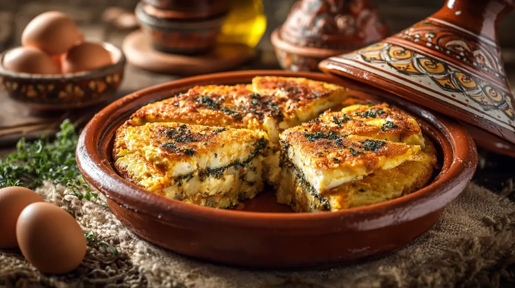 Tajine tunisien aux oeufs servi dans un plat à tajine traditionnel comme en Tunisie