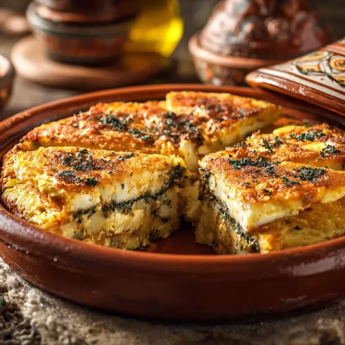 Tajine tunisien aux oeufs servi dans un plat à tajine traditionnel comme en Tunisie