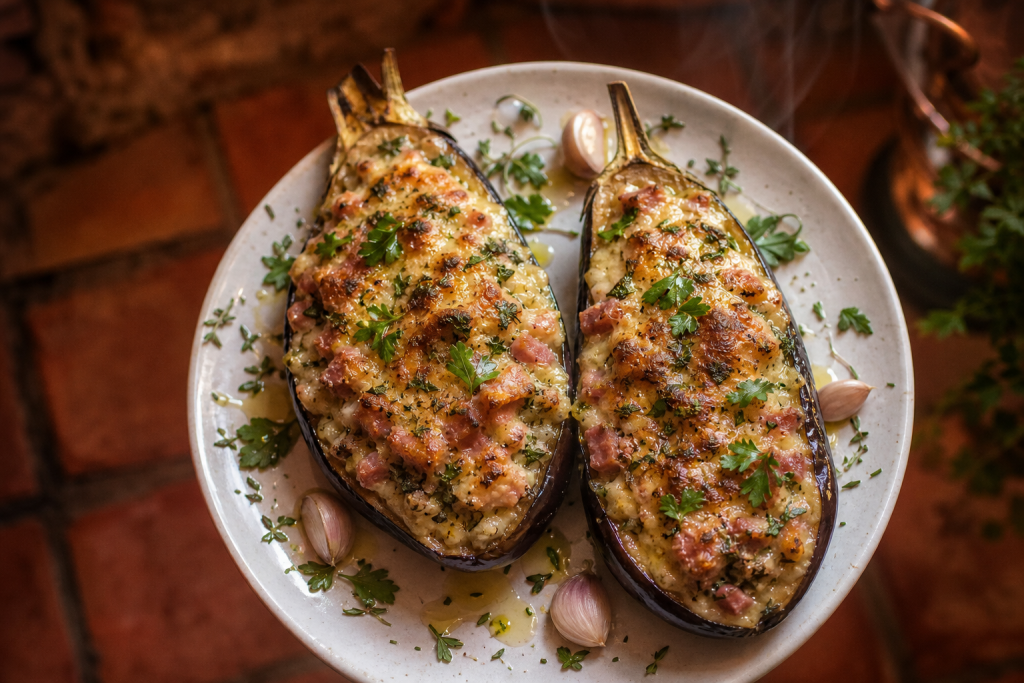 Deux moitiés d'aubergines farcies au jambon, gratinées au fromage, sur une assiette blanche