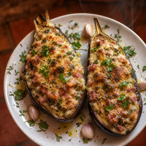 Deux moitiés d'aubergines farcies au jambon, gratinées au fromage, sur une assiette blanche