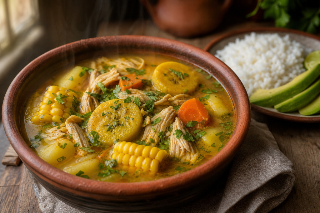 Bol de sancocho colombien, bouillon de poulet avec maïs, plantains, pommes de terre, carottes et coriandre, servi avec riz