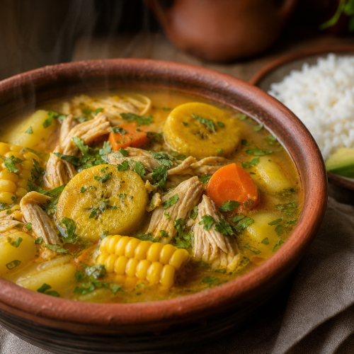 Bol de sancocho colombien, bouillon de poulet avec maïs, plantains, pommes de terre, carottes et coriandre, servi avec riz