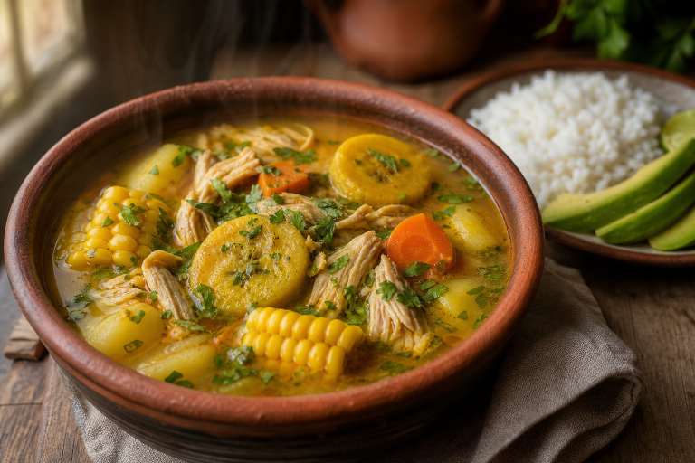 Bol de sancocho colombien, bouillon de poulet avec maïs, plantains, pommes de terre, carottes et coriandre, servi avec riz