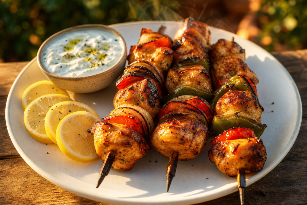 Brochettes de poulet grillé avec poivrons rouges et verts et oignons, présentées sur une assiette blanche avec sauce yaourt